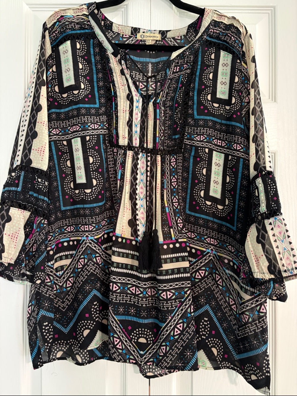 Democracy Black Geometric Peasant Tunic with Teal & Pink Accents